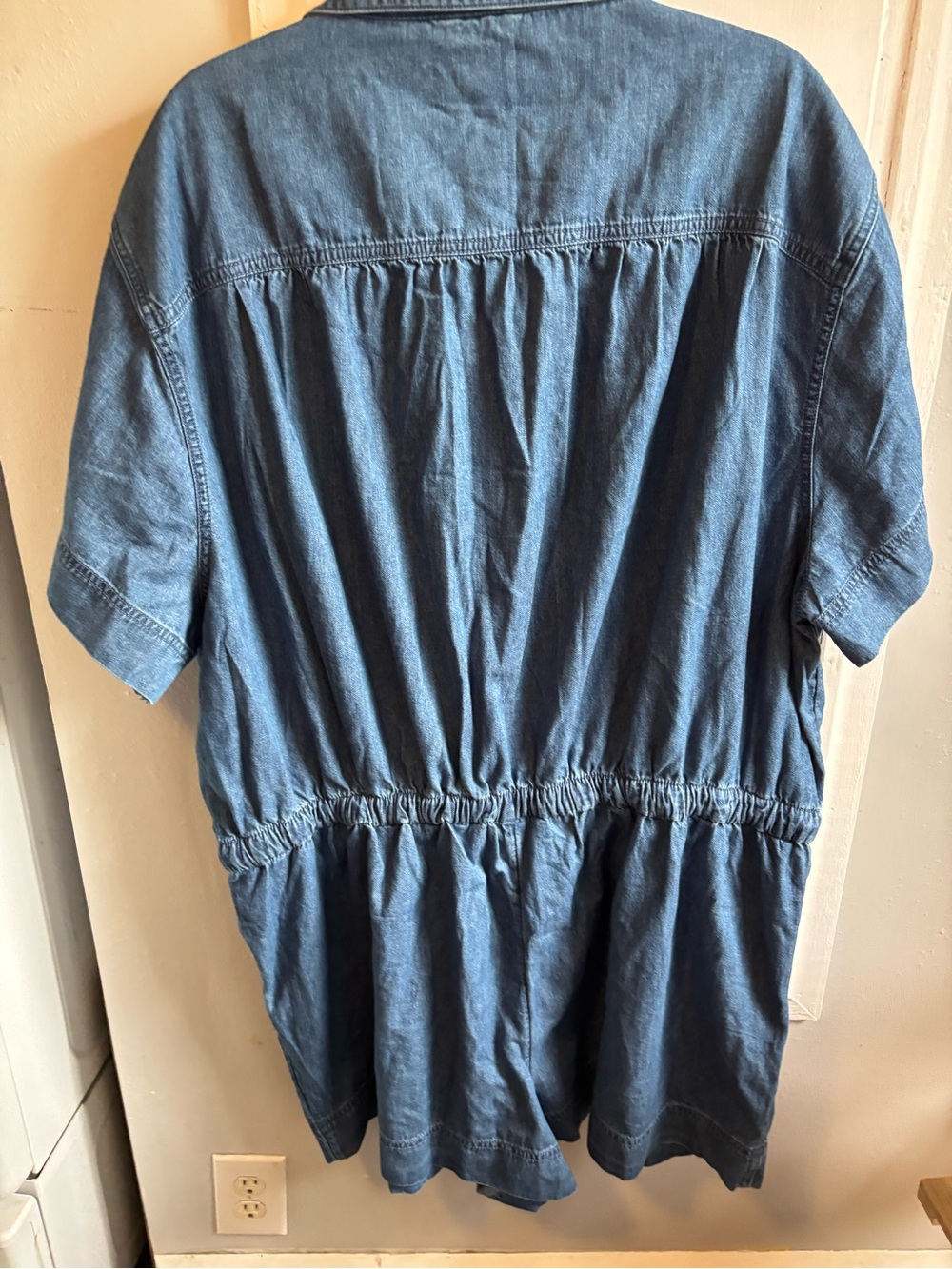 aerie Short-Sleeve Chambray One-Piece Romper in Blue - Picture 6 of 6